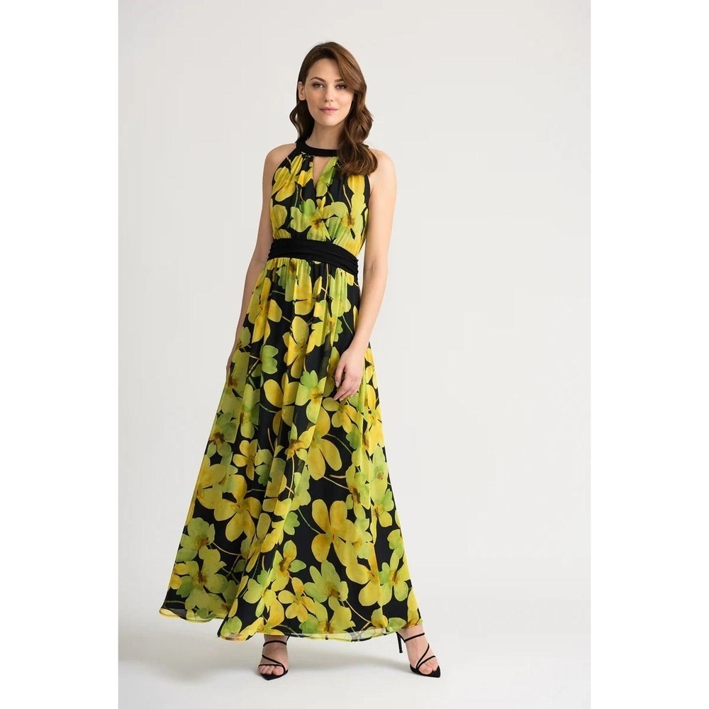 Joseph Ribkoff Floral Power Maxi Dress Women's 12 Halter Neckline Sheer Chiffon